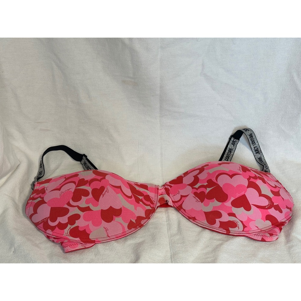 Juicy Couture Heart Print Bra Strapless Padded Logo Straps Pink 42D